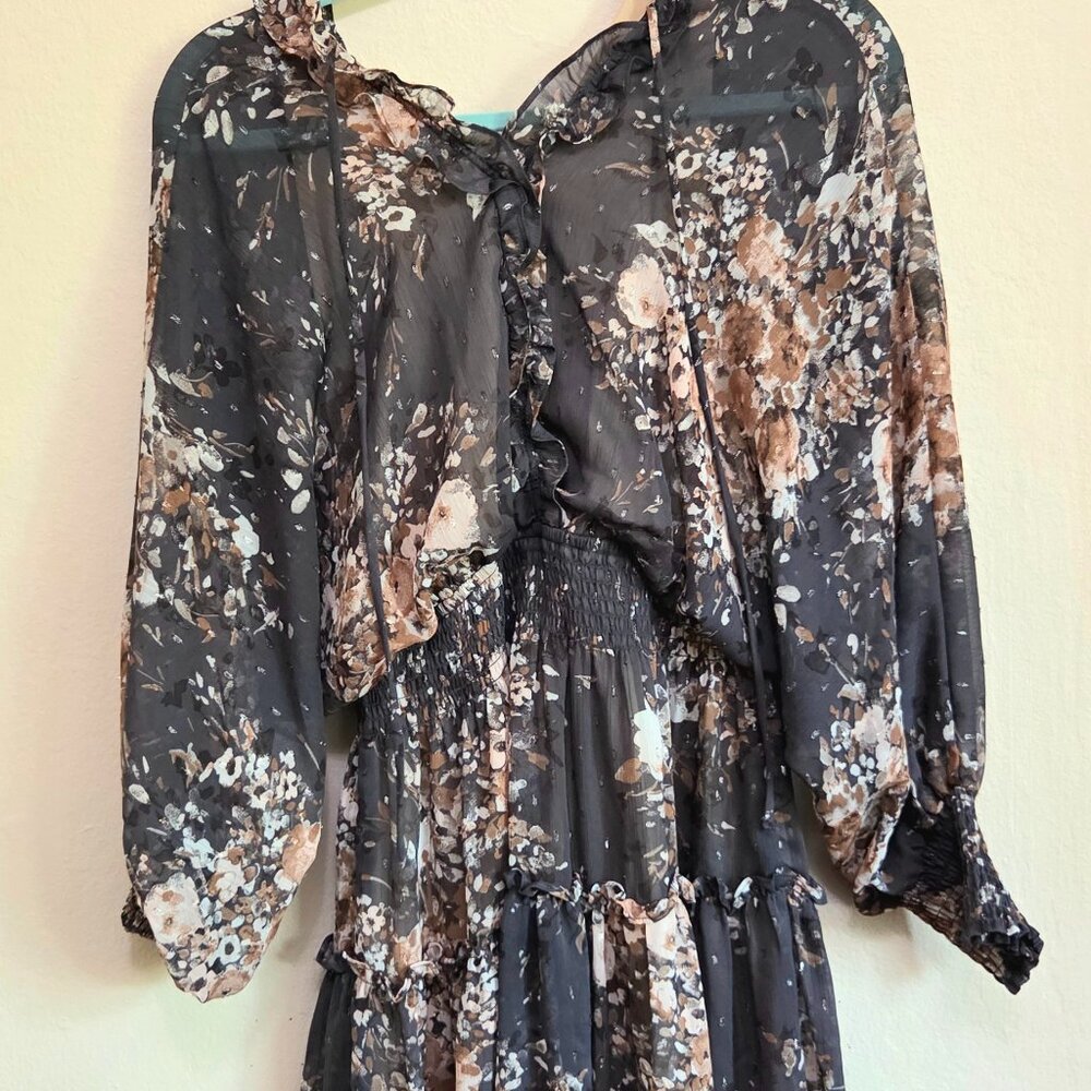 Vintage Floral Dress – Black/Grey – Full Sleeves – Size Medium